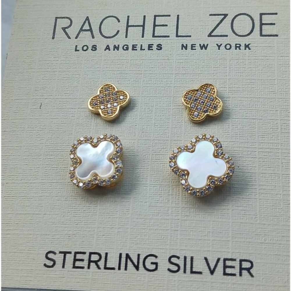 Rachel Zoe Set of 2 Mini earrings Clover Sterling silver 925 Gold Plated - Picture 9 of 13